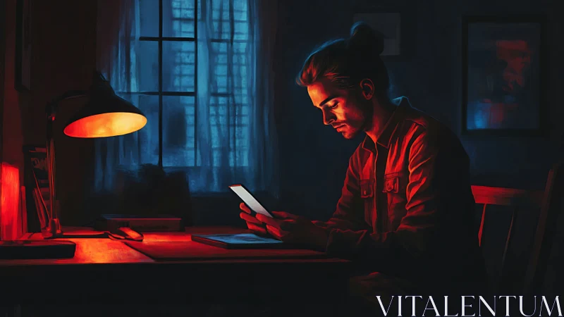 Man studying smartphone under red desk lamp in nocturnal room
