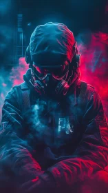 Hooded operative in gas mask under neon cyan magenta haze.