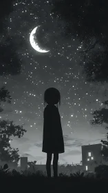 Silhouetted child observes crescent moon in nocturnal urban sky