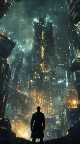 Lone figure facing towering neon futuristic cityscape at night.