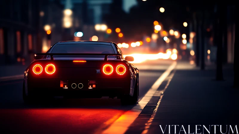 Midnight sports coupe with glowing taillights on city street.
