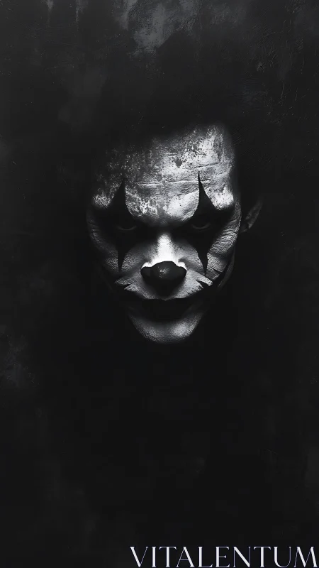 Dark monochrome clown portrait with intense expression.