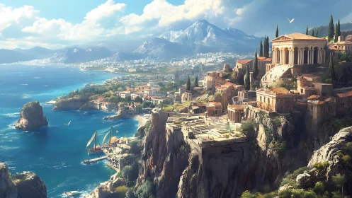 Sunlit classical cliffside polis above cerulean Mediterranean bay