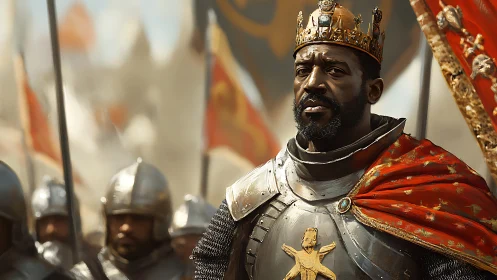 Medieval armored king before soldiers with heraldic banners.