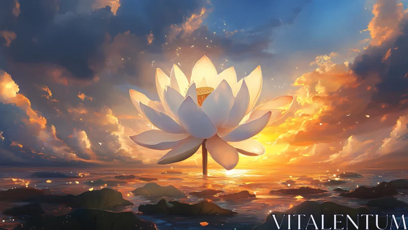 Radiant lotus unfolds softly in a glowing sunset sky