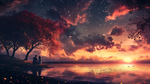 Romantic lakeside sunset in luminous digital painting style.