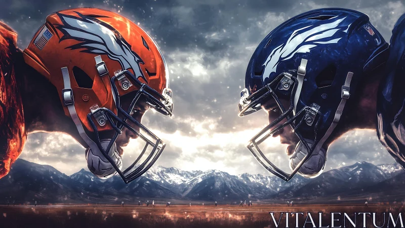 Opposing football players in profile before mountainous backdrop.