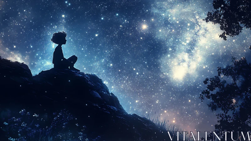Stargazing dreamer perched on midnight hill beneath galaxies.