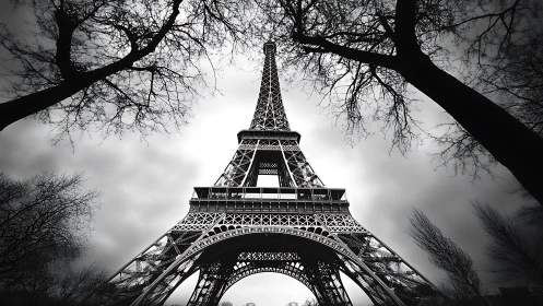 Monochrome Eiffel Tower shot from low-angle under bare trees