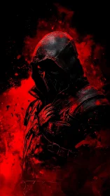 Crimson shadows cradle the hooded warrior in fierce silence