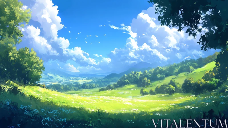 Sunlit meadow unfolds beneath vast billowing summer sky.