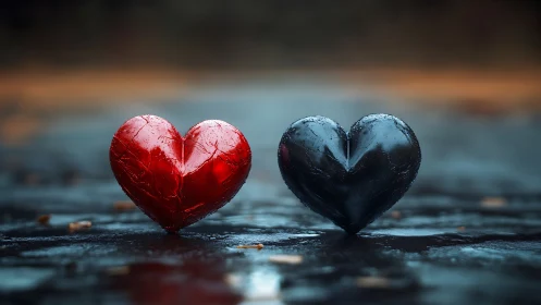 Contrasting Red and Black Hearts on Wet Stone Surface.