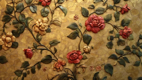 Ornate floral relief climbs across textured golden wall.