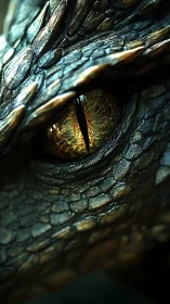 Dragon eye glows with molten gold intensity in close focus