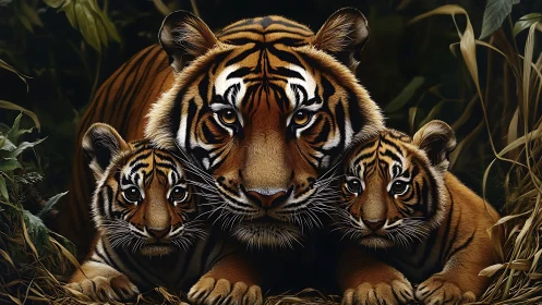 Striped Guardians: Three Tigers Emerge from Shadow.