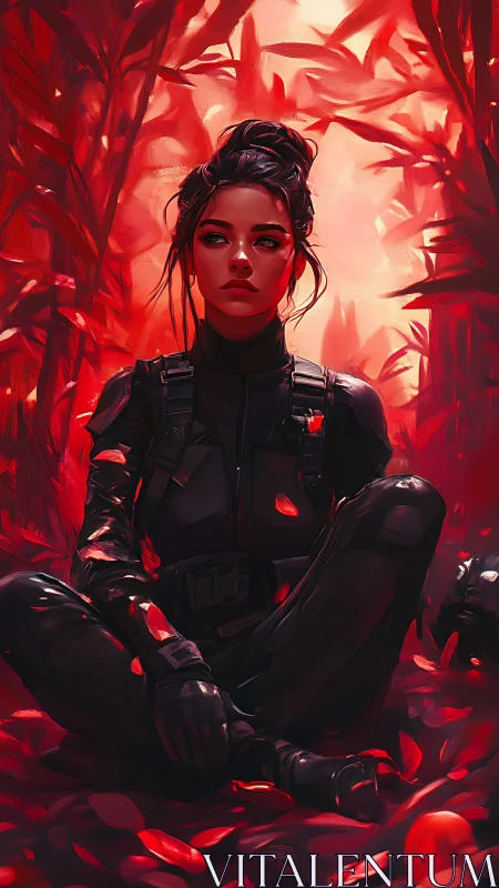 Calm tactical woman seated in vivid red forest clearing.