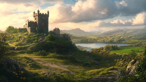 Stone castle on hill above wide river valley at sunset.