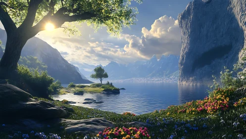 Sunlit alpine lake cove with wildflowers in vivid bloom.