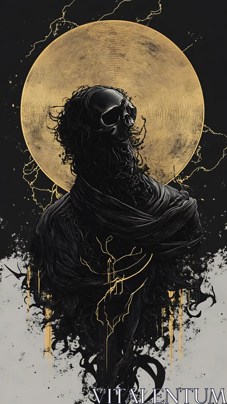 Skull-headed robed figure before large textured circle.