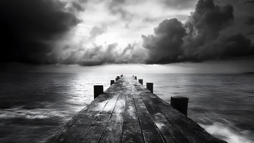 Wooden pier extends into ocean under dense storm clouds