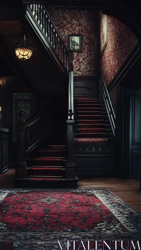 Dimly lit vintage staircase with red carpets and wood paneling.