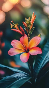 Vibrant Hibiscus Bloom Against Blurred Foliage.