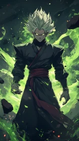 Storm-eyed battle mage crowned in radioactive emerald fury.