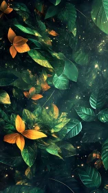 Luminous emerald foliage with golden leaves and particle glow
