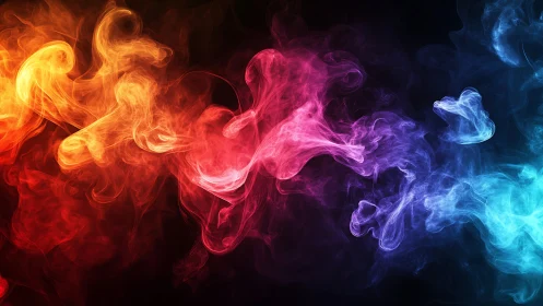 Multicolor smoke plumes on dark background in gradient field.