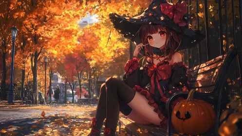 Cozy witch girl enjoys a golden autumn evening in the park