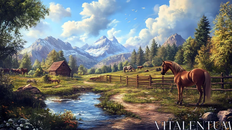 Sunlit horse pasture below snowcapped alpine mountains