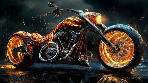 Blazing custom motorcycle roars through stormy night streets