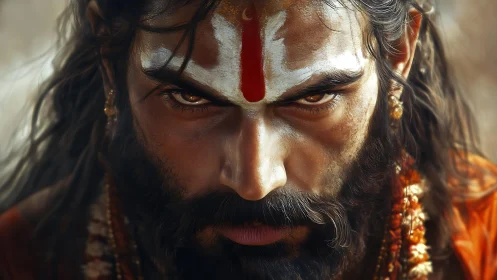Intense holy man portrait with vivid tilak and gaze