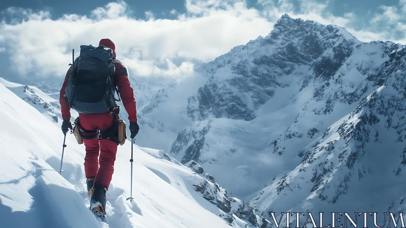 Alpinist ascending steep glaciated ridge under stratified clouds.
