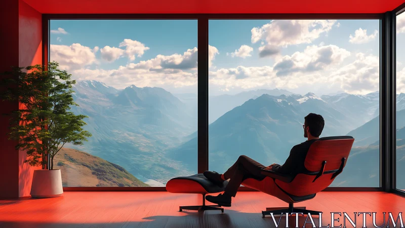 Man in red lounge chair observes vast mountain panorama