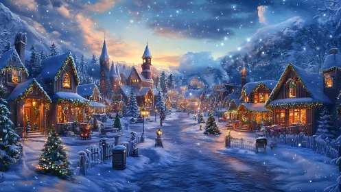 Snowlit village street hums with glowing holiday warmth