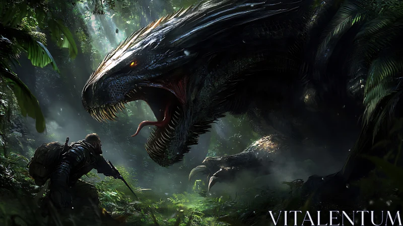 Armored jungle serpent confronts armed soldier in volumetric light