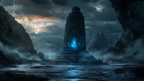 Ancient monolith in stormy canyon with blue core glow.