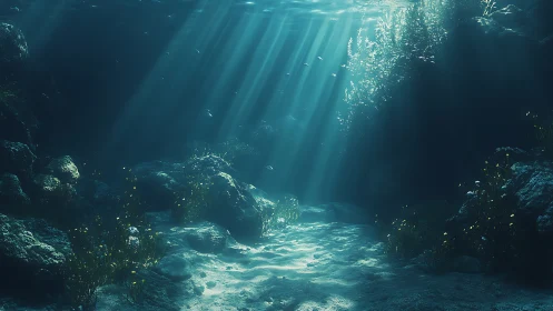 Submerged seafloor corridor under ethereal sunbeams.