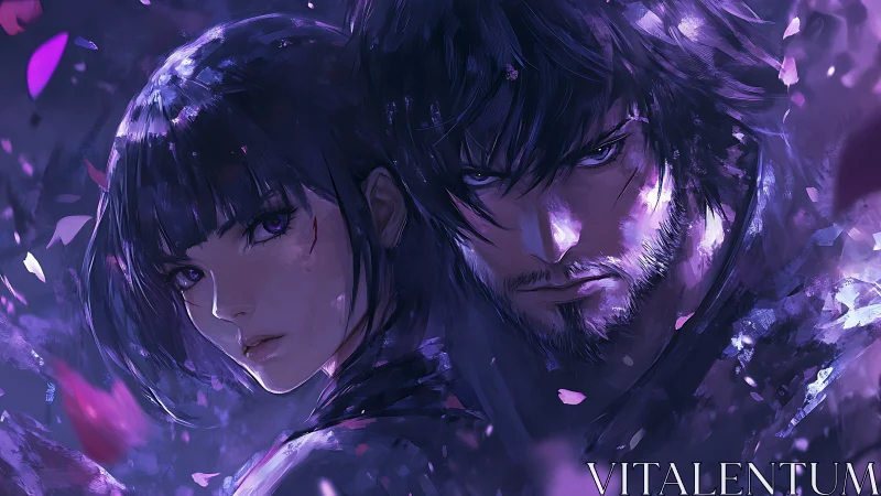 Dual warrior portrait in violet petals and dynamic lighting.