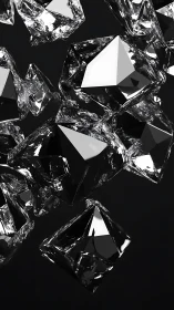 Angular glass polyhedra suspended in stark monochrome space