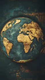 Vintage style world map globe on distressed teal background.