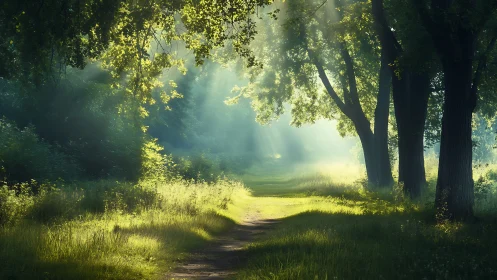 Sunlit Forest Path with Lush Greenery in Dreamy Morning Light.