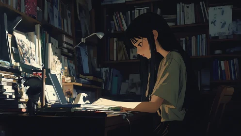 Quiet evening study scene glows with soft, focused warmth