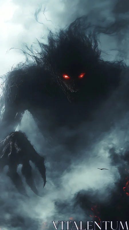 Shadow titan emerges from storm with burning red eyes.