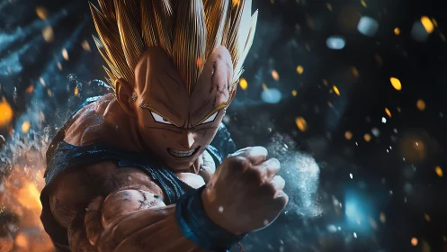 Saiyan warrior unleashes power amid embers and motion blur.