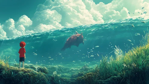 Boy watches large red fish swim within raised ocean wave