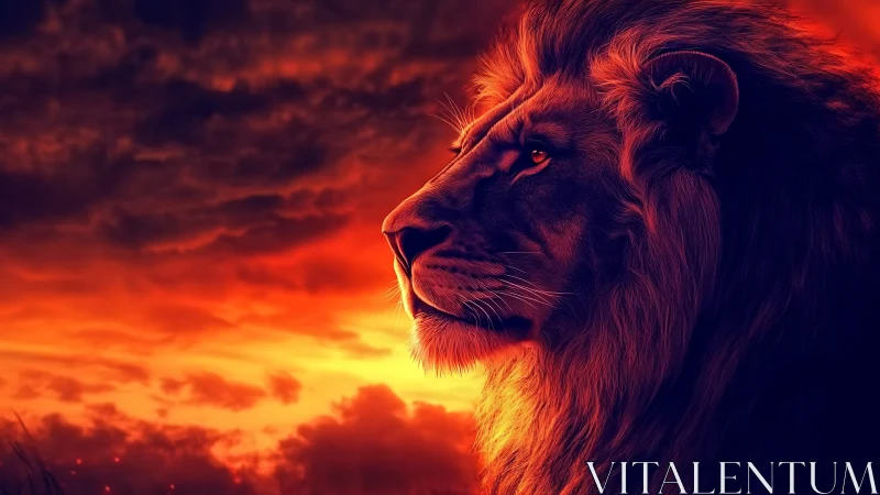 Lion profile burns against molten crimson sunset sky.