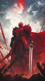 Armored crimson knight ascends from blazing battlefield sky.