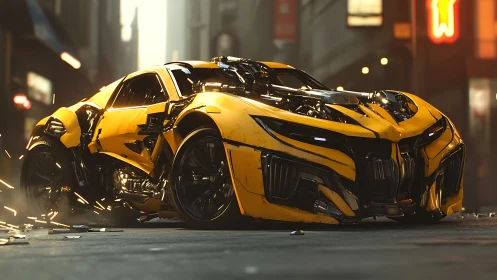 Heavily damaged yellow supercar in gritty city street.